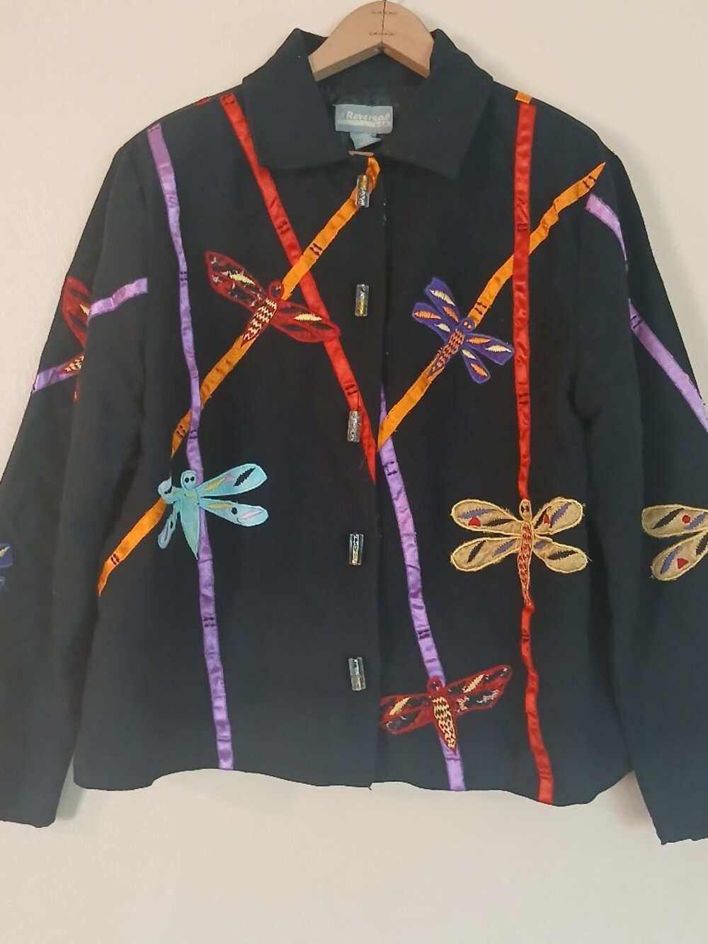 Vintage Reversal Black Embroidered Dragonfly Blazer Women's Medium